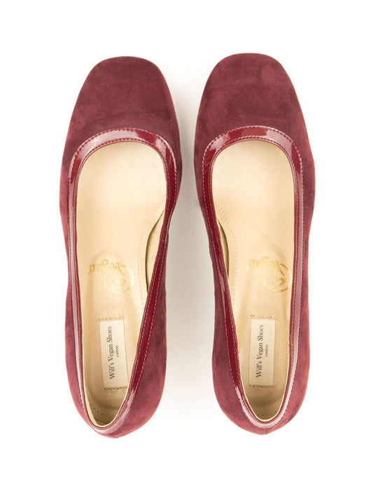 Block Heels in Wine Vegan Suede, heel detail