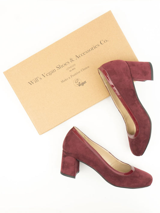 Block Heels in Wine Vegan Suede, heel detail