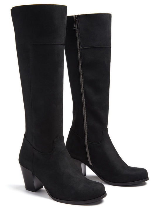 Heeled Knee High Boots in Black Vegan Suede, heel detail