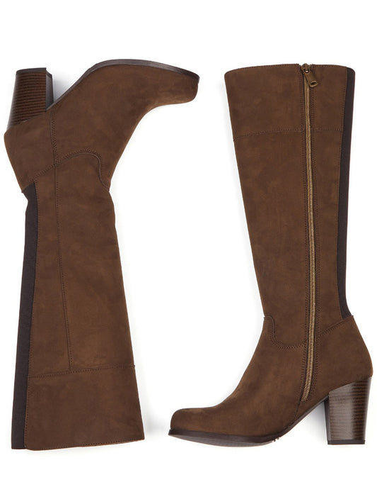 Heeled Knee High Boots in Black Vegan Suede, heel detail