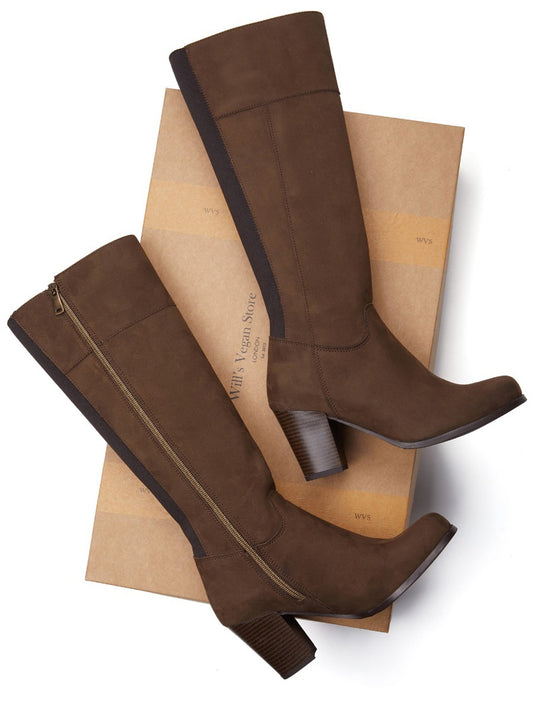 Heeled Knee High Boots in Black Vegan Suede, heel detail