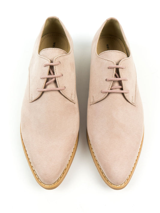 Point Toe Derbys in Brown Vegan Suede, toe detail