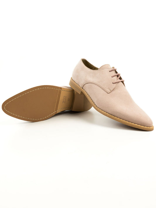 Point Toe Derbys in Brown Vegan Suede, toe detail