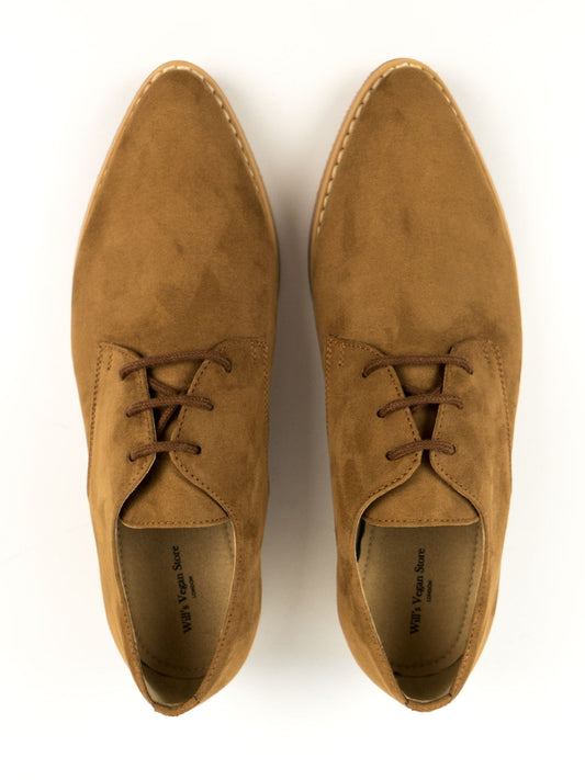 Point Toe Derbys in Brown Vegan Suede, toe detail