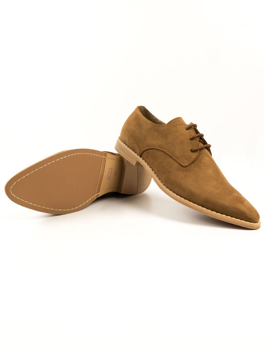 Point Toe Derbys in Brown Vegan Suede, toe detail