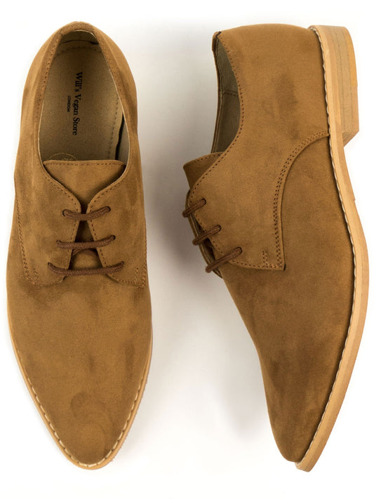 Point Toe Derbys in Brown Vegan Suede, toe detail