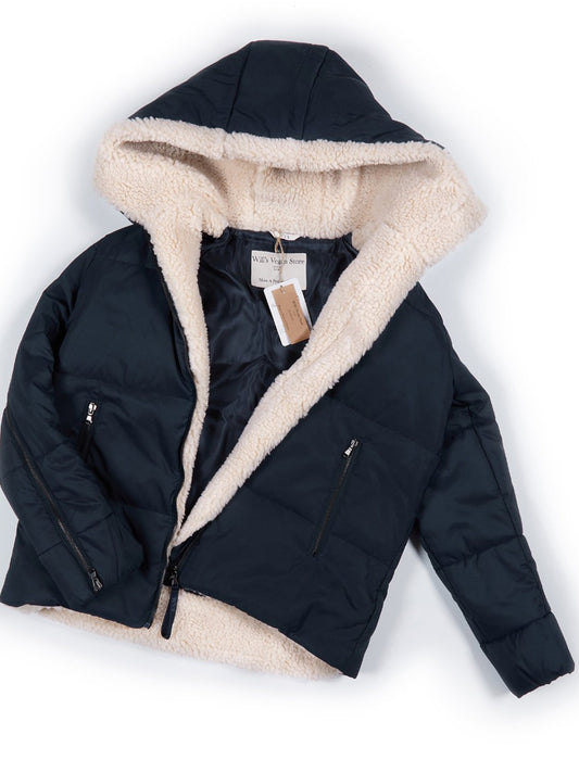Recycled Vegan Shearling Puffer in Black & Cream