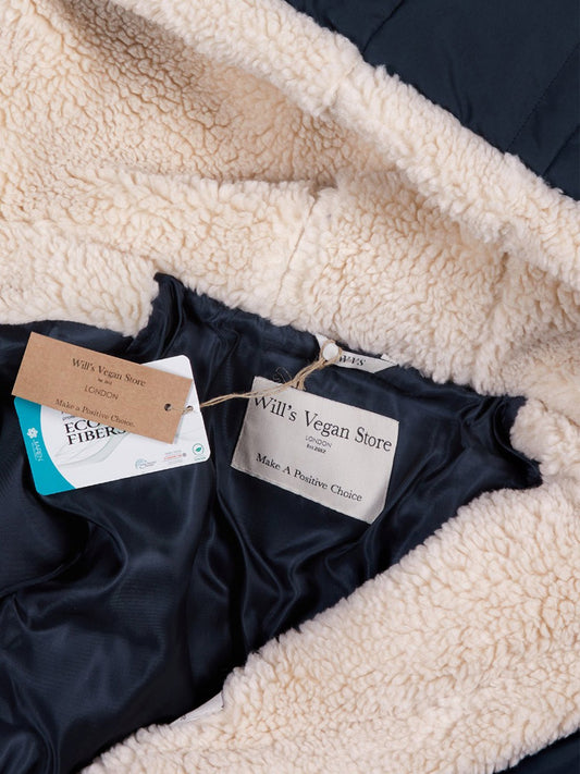 Recycled Vegan Shearling Puffer in Black & Cream