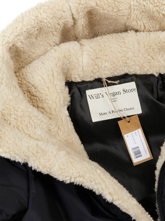 Recycled Vegan Shearling Puffer in Black & Cream