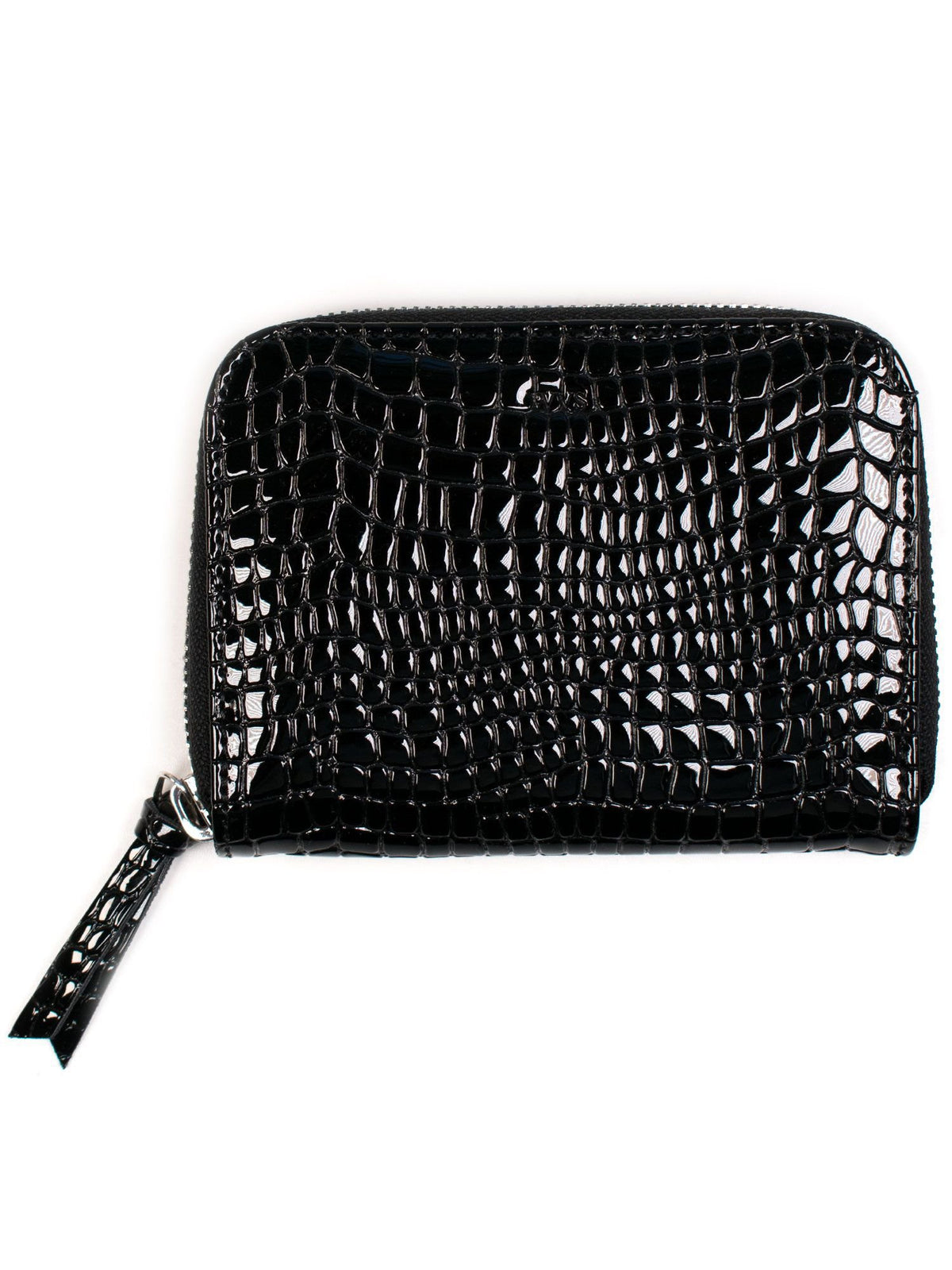 Small Zipper Wallet in Black Patent Mock Croc