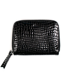 Small Zipper Wallet in Black Patent Mock Croc