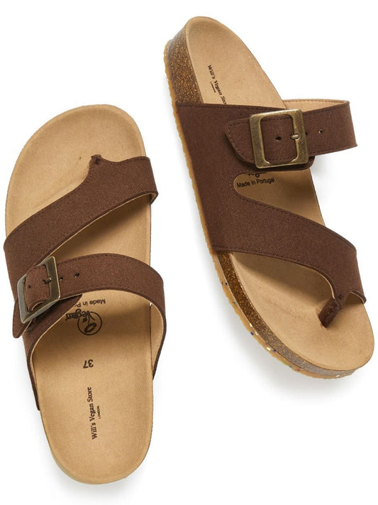 Two Strap Toe Peg Sandals in Dark Brown Vegan Suede, toe detail