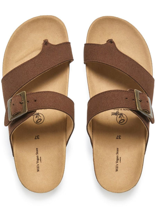 Two Strap Toe Peg Sandals in Dark Brown Vegan Suede, toe detail